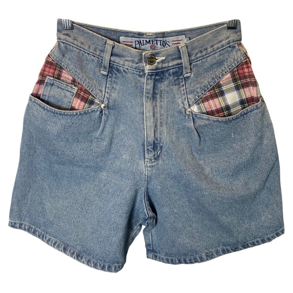 Vintage Palmetto's Denim Mom Shorts Women 7 Plaid High Waisted 90s Relaxed Retro
